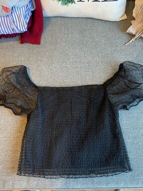 Ambiance Black Off-Shoulder Puff Sleeve Top with Polka Dot Mesh